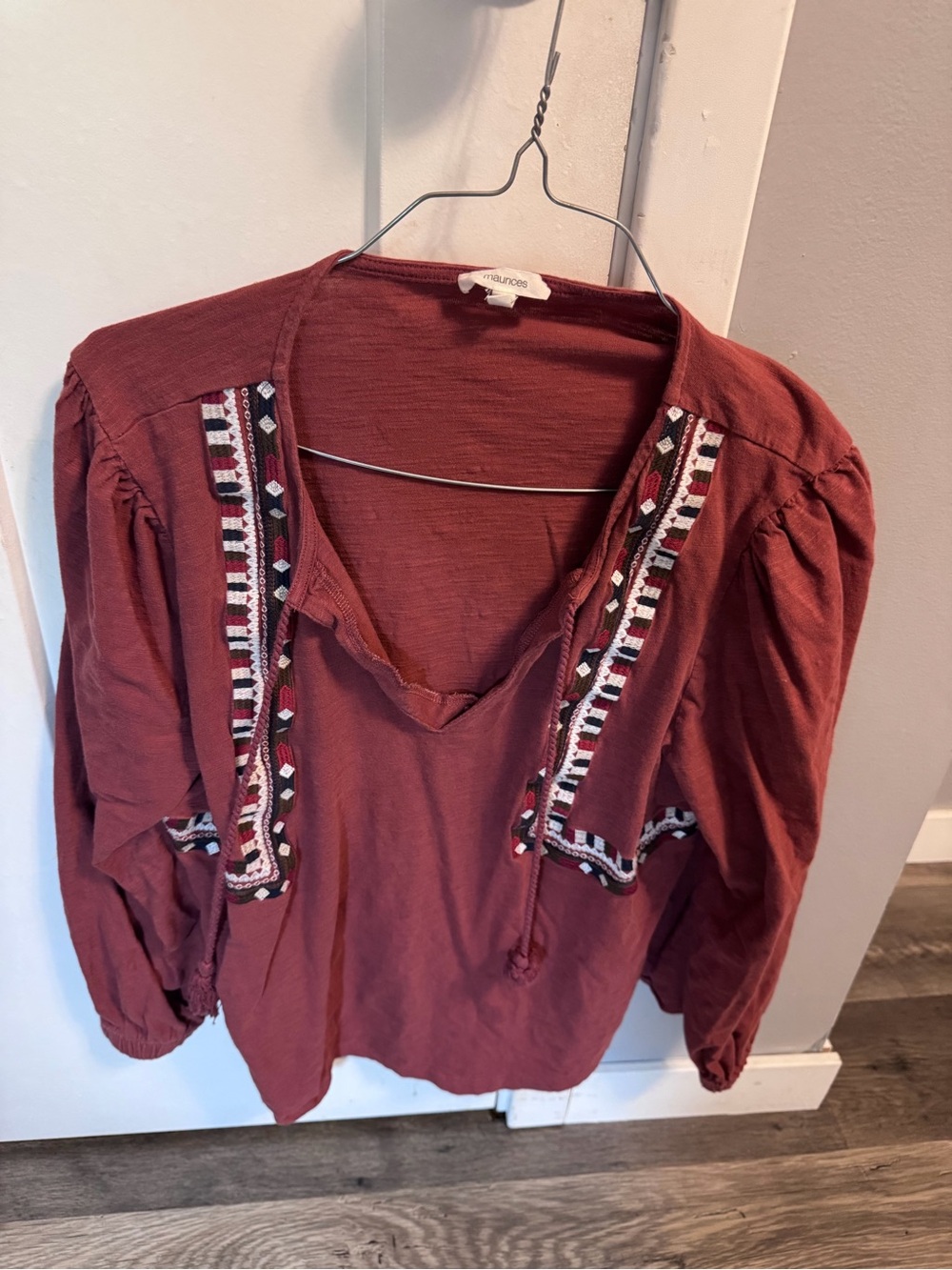 Maurices Rust Embroidered V-Neck Peasant Top